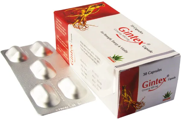 Box of Gintex capsules with a blister pack beside it on a white background.