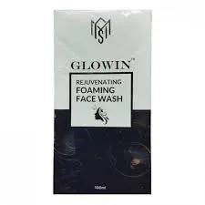 Glowin face wash product packaging with black and white design.