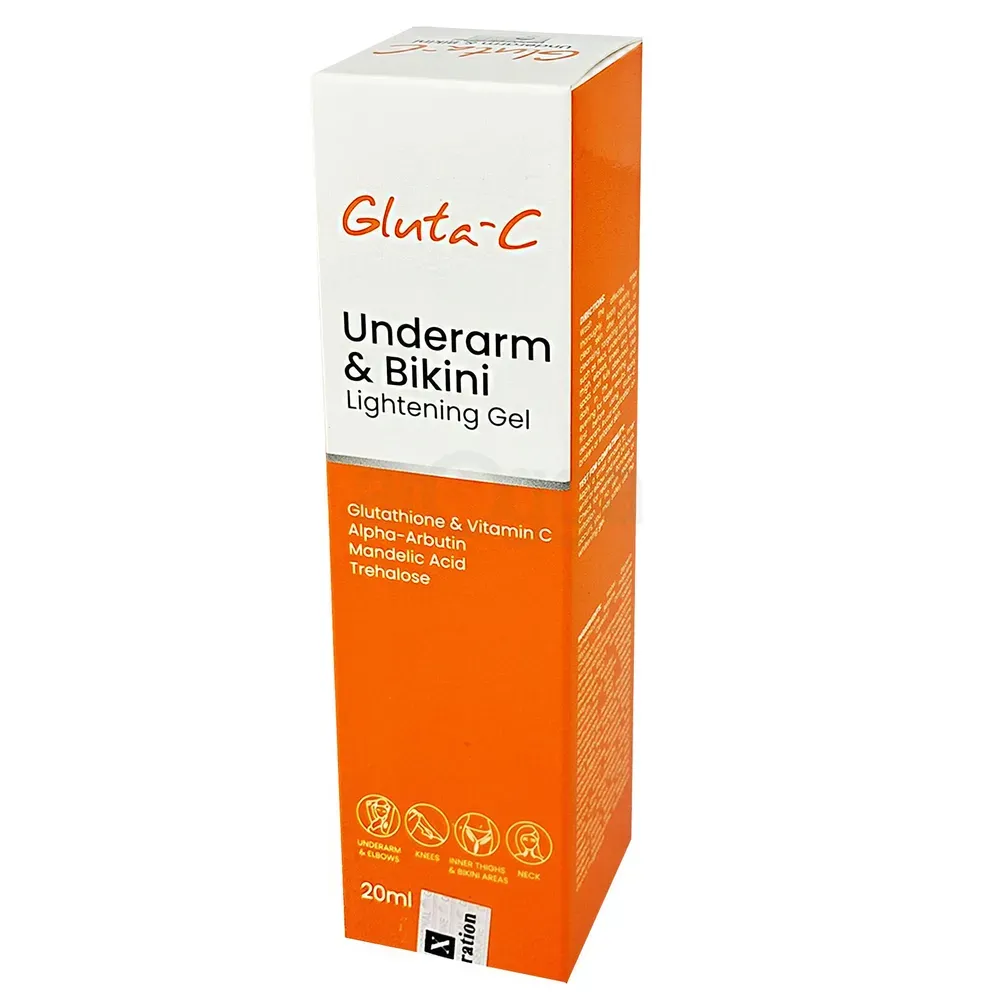Orange and white Gluta-C Underarm & Bikini Lightening Gel box standing upright.
