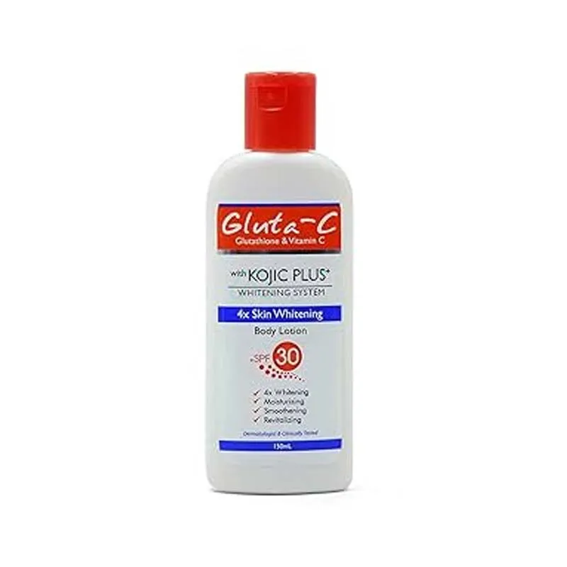 White bottle of Gluta-C body lotion with red cap and red, blue, and white label.
