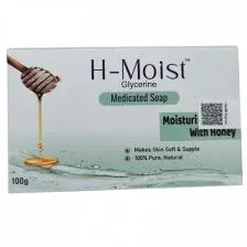 H-Moist Glycerine Medicated Soap packaging with honey being drizzled on a bar of soap.