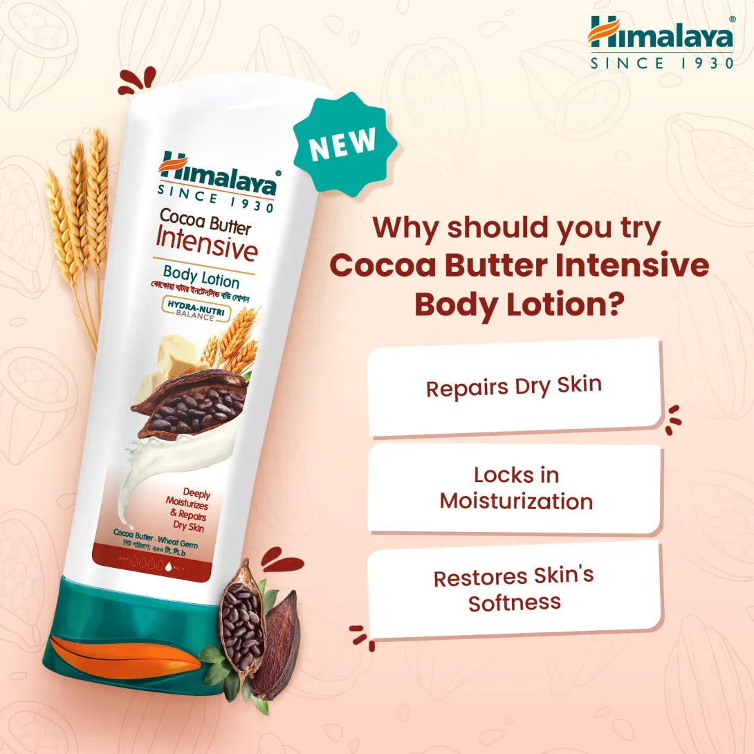 Himalaya Cocoa Butter Intensive Body Lotion tube with cocoa and wheat accents on a light background.