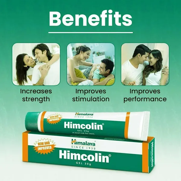 Himcolin gel packaging with images of couples and listed benefits on a green background.