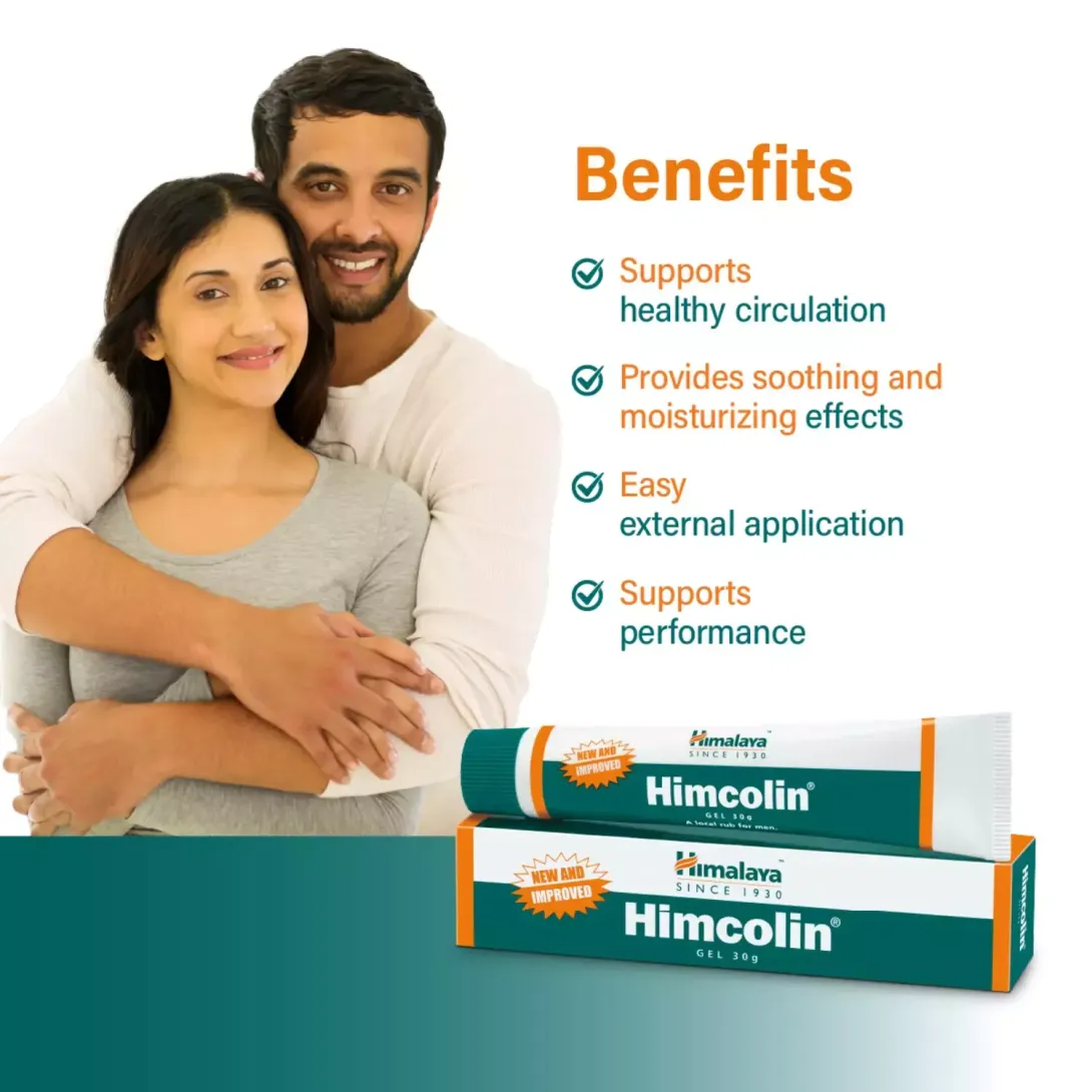 Smiling couple embracing next to Himcolin product packaging and listed benefits.