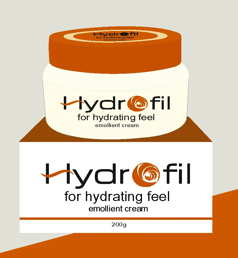 Hydrofil emollient cream jar and box with orange and white packaging.
