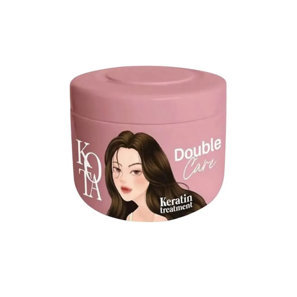 Pink hair product jar with illustration of woman and keratin treatment label.