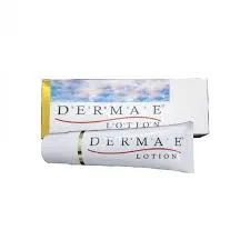 Derma E Lotion tube with matching box, white packaging and blue label accents.