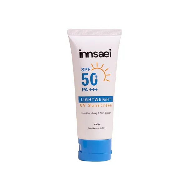 White tube of Innsaei sunscreen SPF 50 with blue and orange accents.
