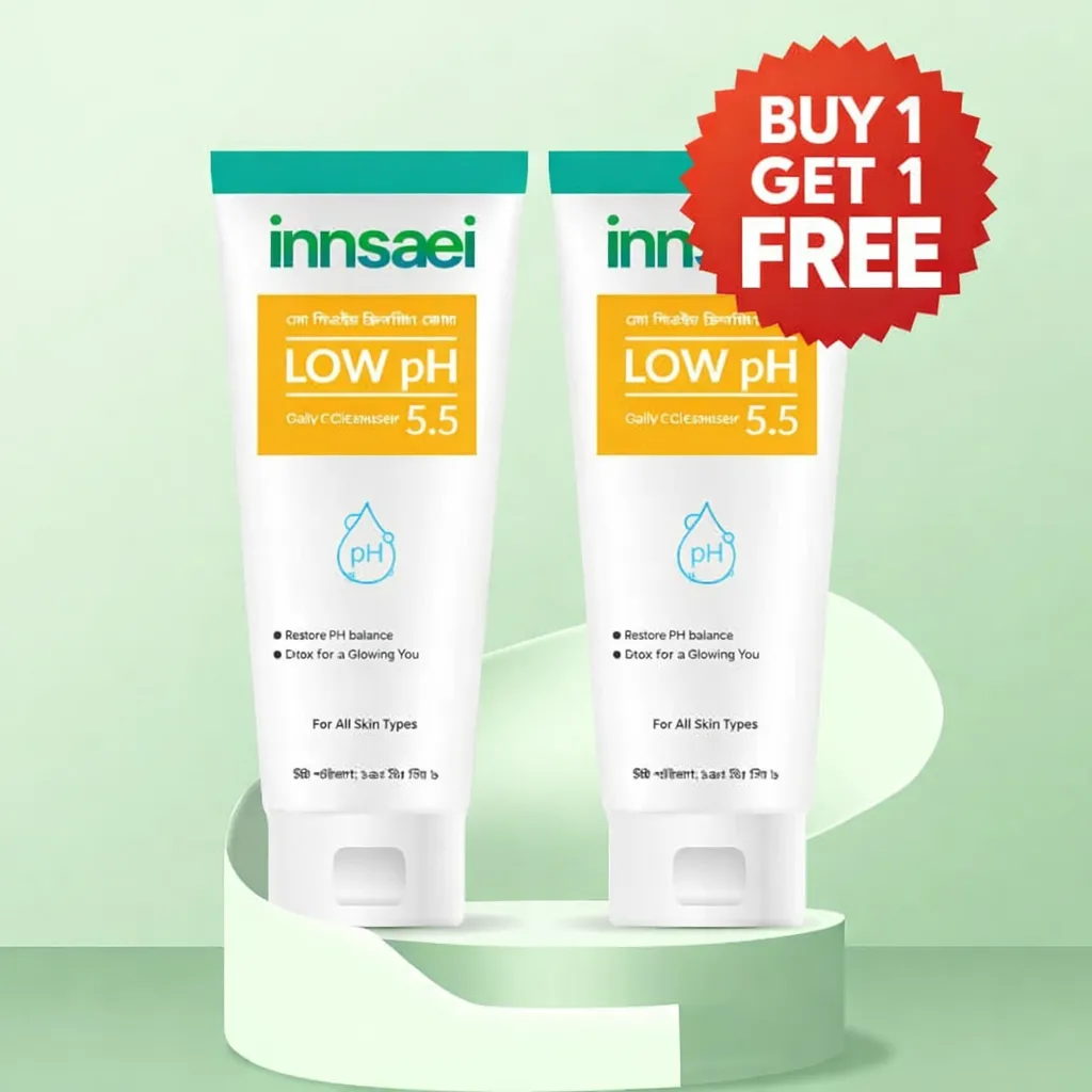 Two tubes of innsaei Low pH 5.5 cleanser with a buy one get one free badge.