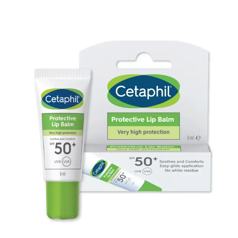 Cetaphil Protective Lip Balm SPF 50 tube and packaging with green and white design.