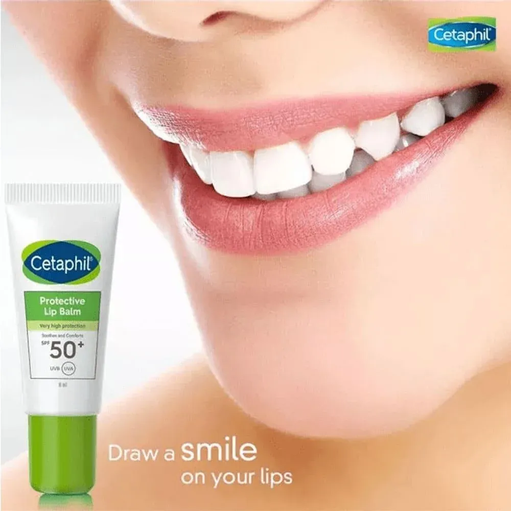 Cetaphil lip balm tube next to a close-up of smiling lips and white teeth.