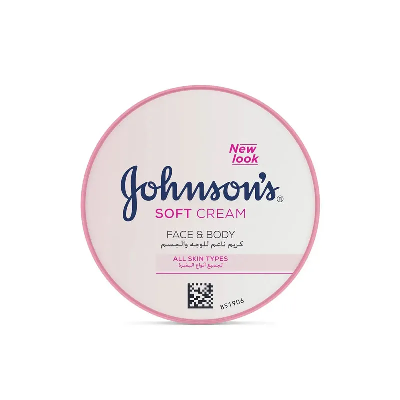 Johnson's Soft Cream face and body cream container with pink and blue accents.