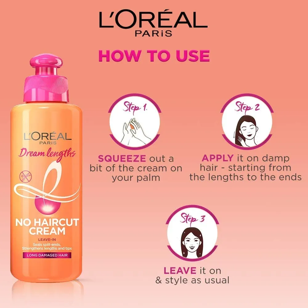 L'Oréal Paris Dream Lengths No Haircut Cream with usage instructions and icons on a pink background.