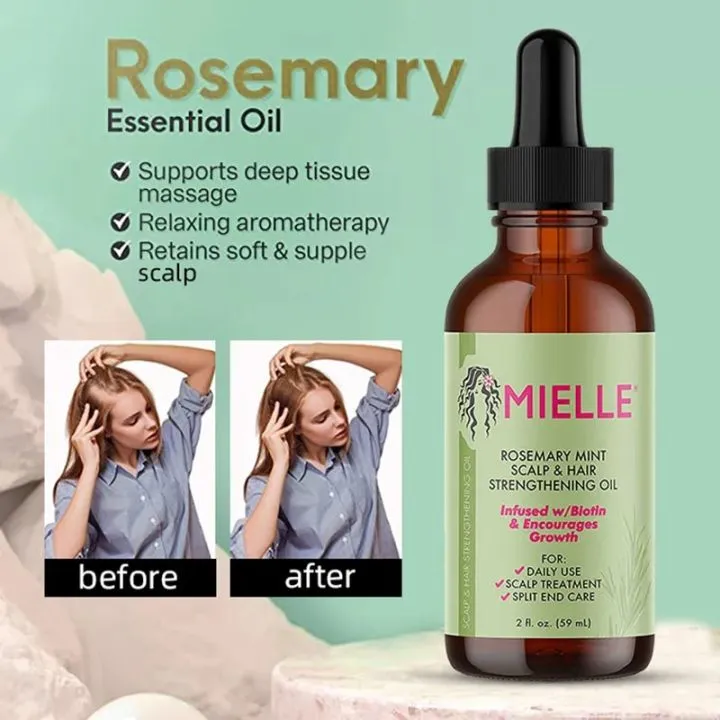 Mielle rosemary hair oil bottle with before and after images of a woman massaging her scalp.
