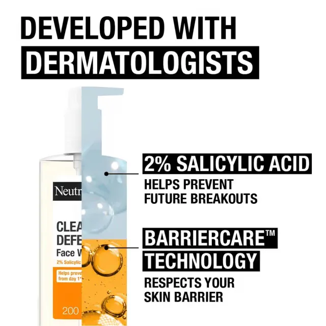 Neutrogena cleanser bottle with highlighted features like salicylic acid and BarrierCare technology.