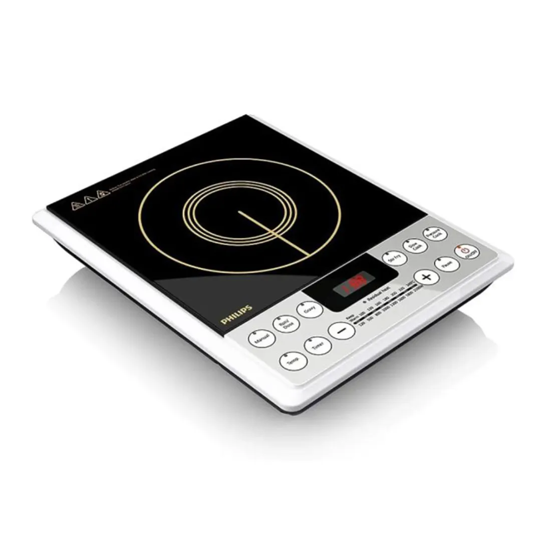Black and white induction cooktop with digital display and touch control buttons.