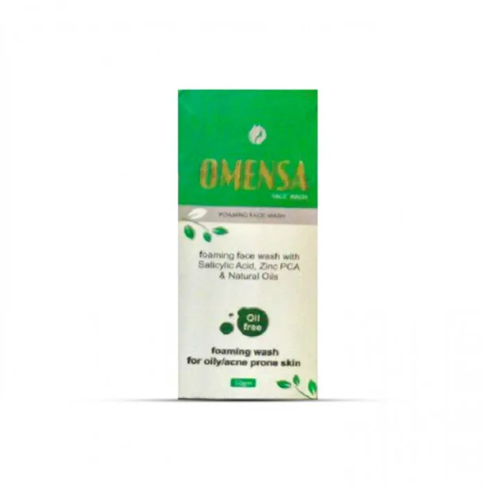Omessa face wash packaging with green and white design and leaf graphics.