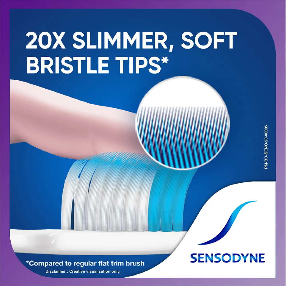 Toothbrush with soft, slim bristles next to the Sensodyne logo on a blue background.