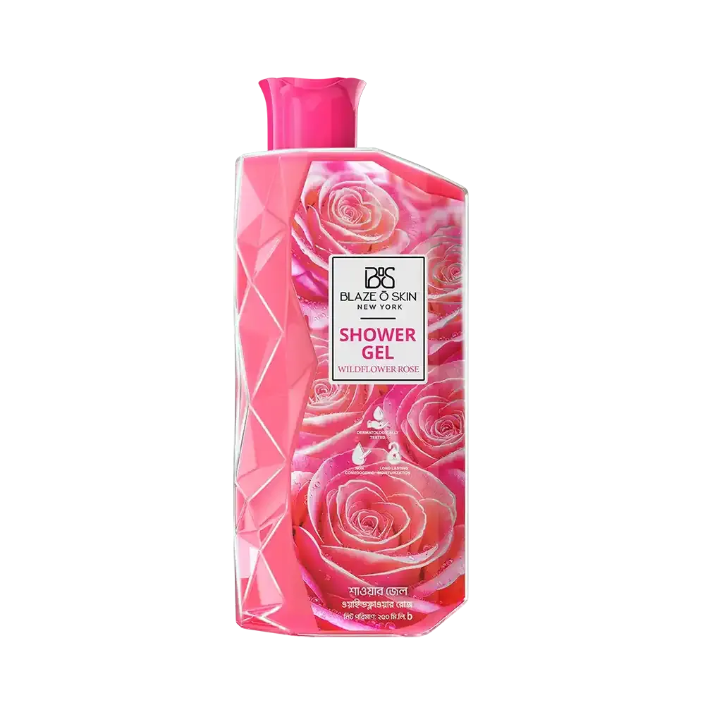 Shower gel bottle with pink rose design and geometric accents.