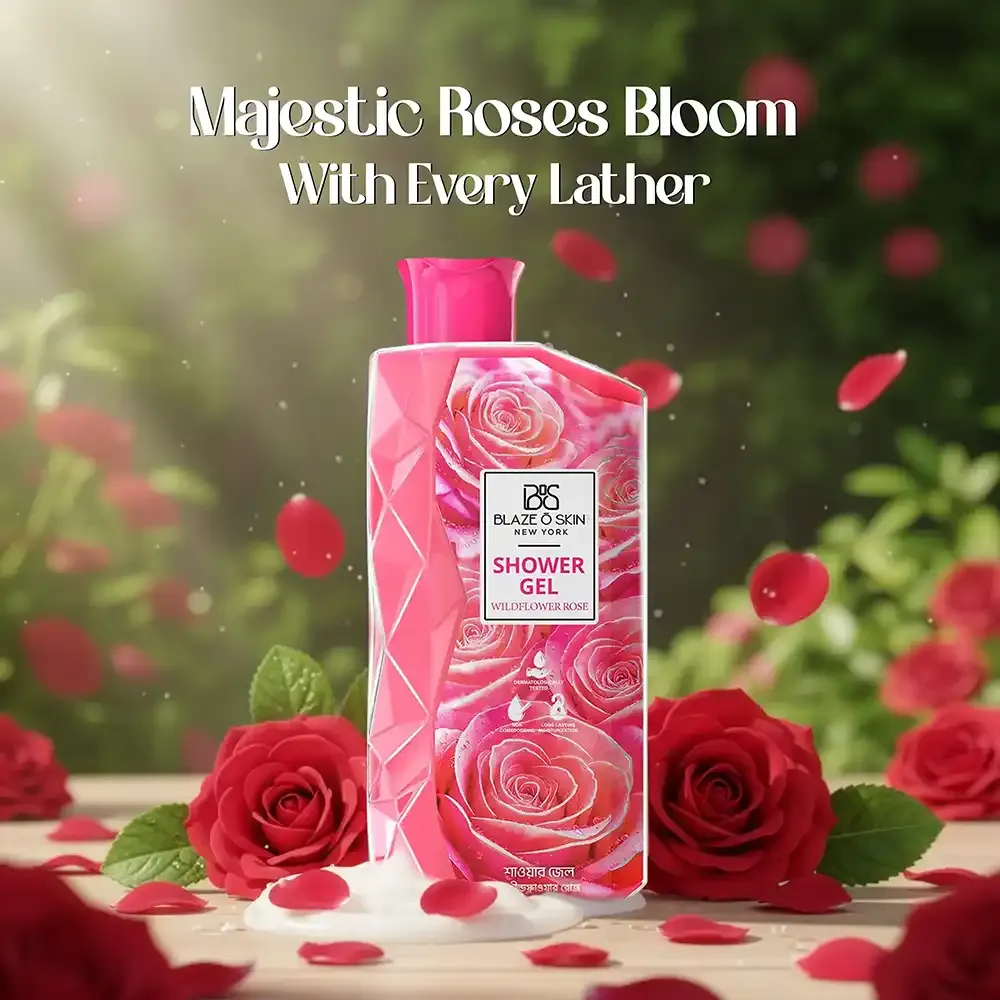 Pink rose-scented shower gel bottle surrounded by red roses and scattered petals.