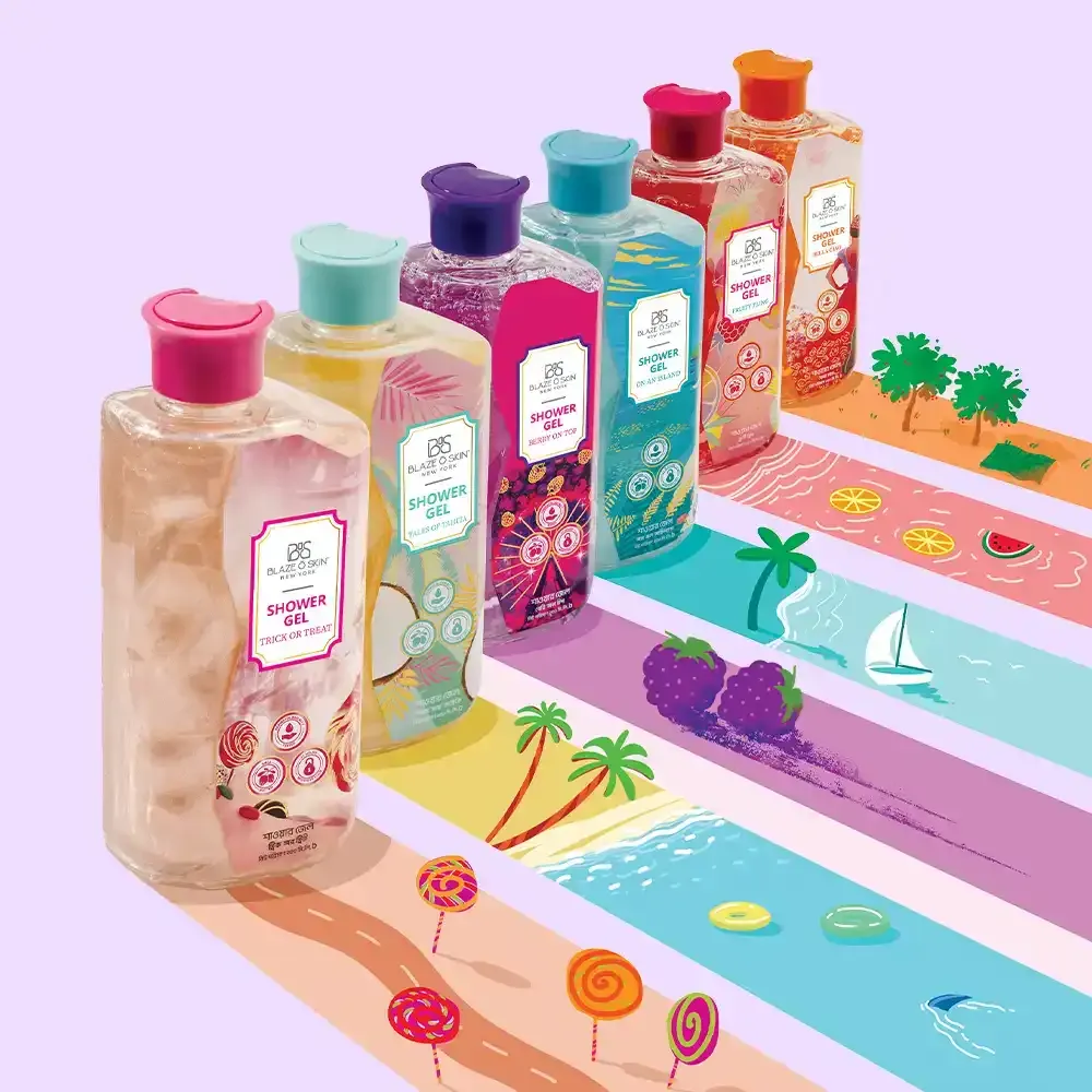 Six colorful bottles of body wash with illustrated beach and fruit-themed designs and backgrounds.
