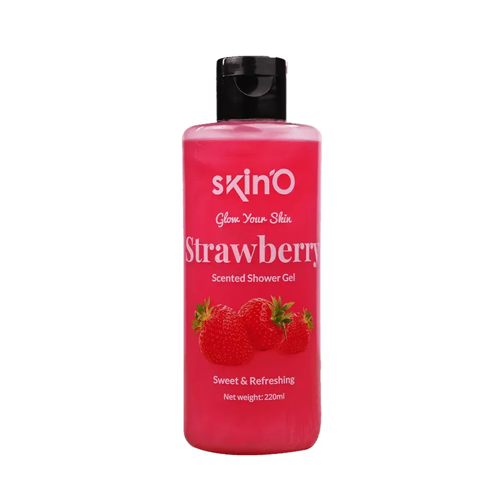 Pink bottle of SkinO Strawberry Scented Shower Gel with black cap and strawberry images.