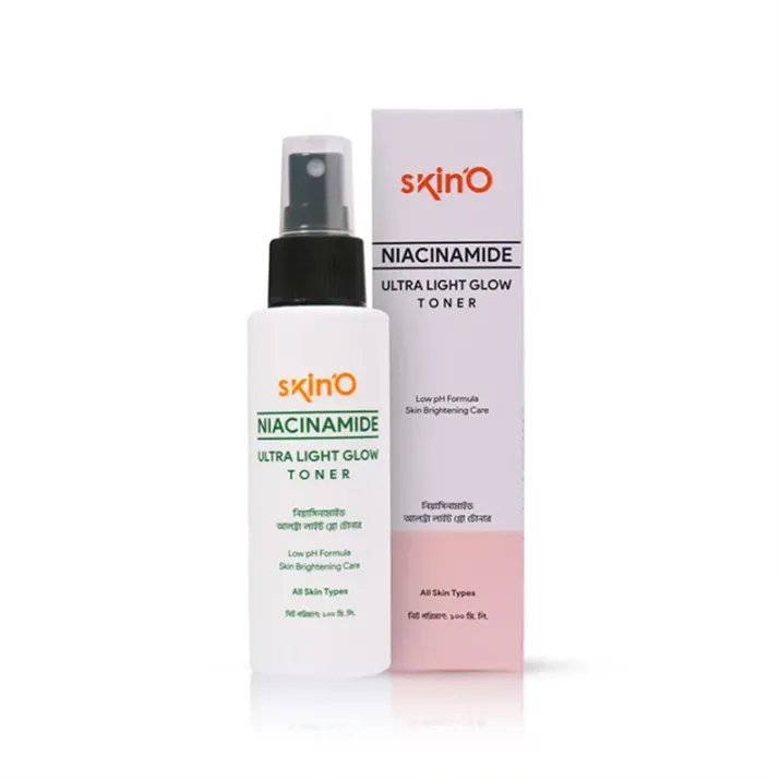 SkinO Niacinamide toner spray bottle next to matching product box on white background.