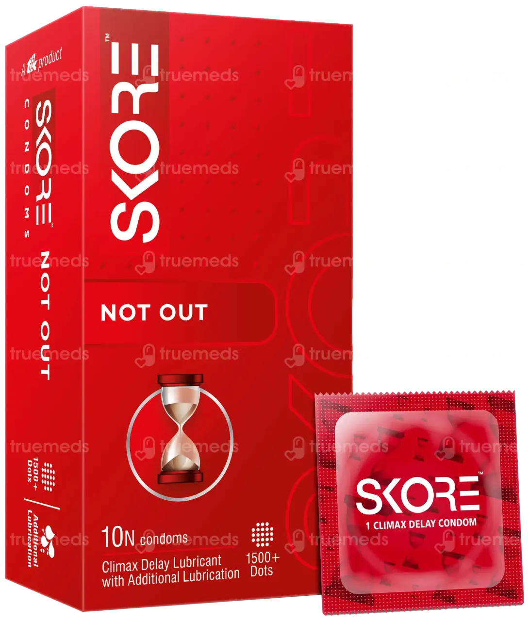 Red SKORE Not Out condom packaging box with a single condom wrapper beside it.