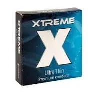 Xtreme Ultra Thin premium condom box with a large white X on a blue background.
