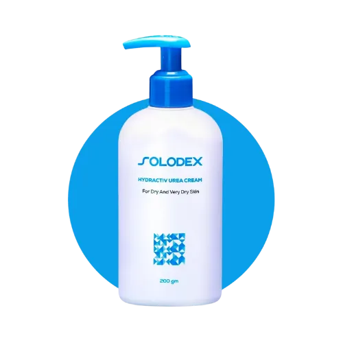 White SOLODEX pump bottle with blue cap and label on a blue circle background.
