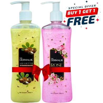 Two Dermalik liquid soap bottles, one yellow and one pink, with a red ribbon and bow.