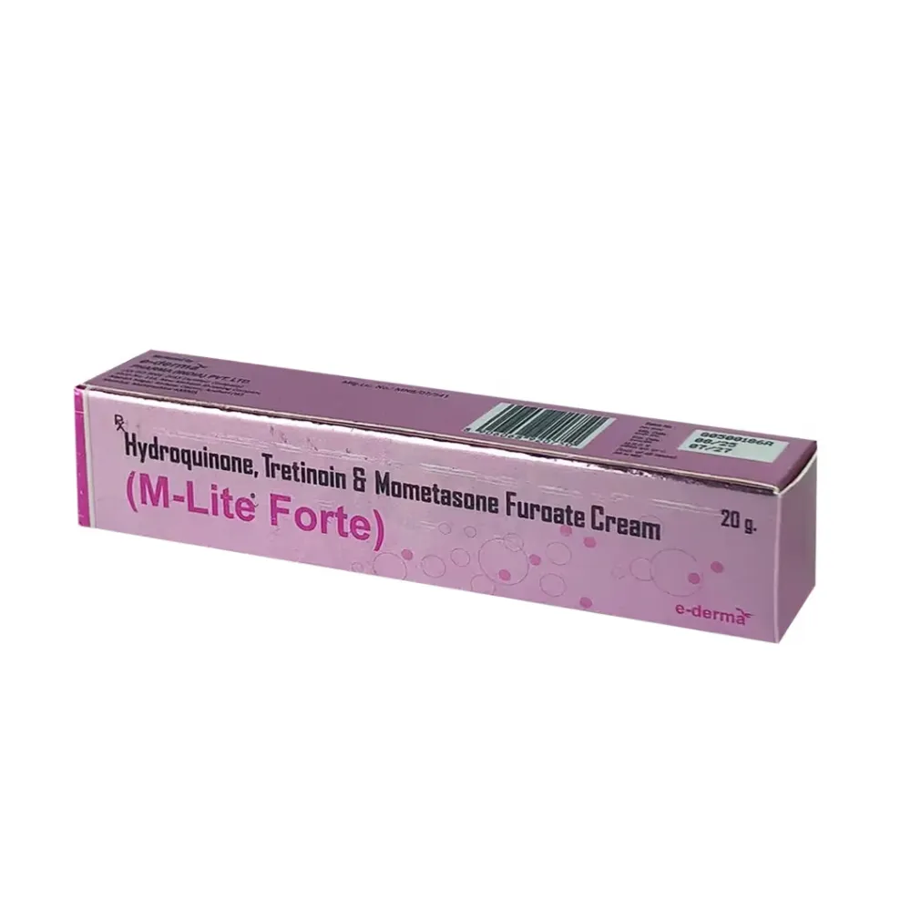 Pink box of M-Lite Forte hydroquinone, tretinoin, and mometasone furoate cream.