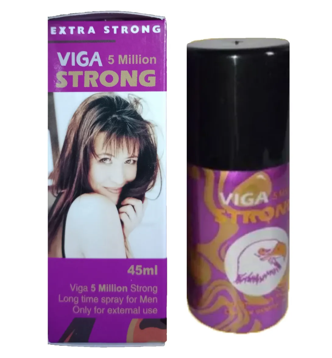 Viga 5 Million Strong spray bottle and box with a woman's photo on the packaging.