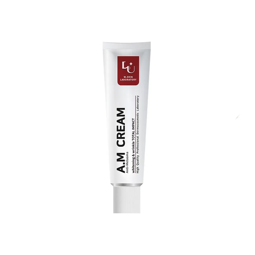 White tube of A.M. cream with a red logo and black text on the front.