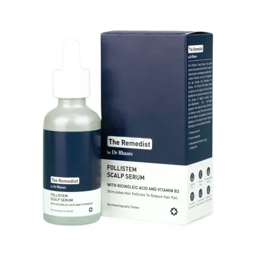 Clear serum bottle with dropper beside a dark blue box labeled Follistin Scalp Serum.
