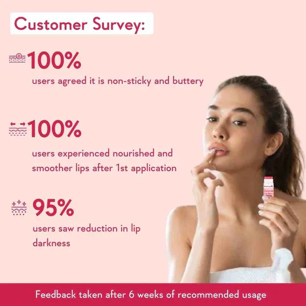 Woman applying lip balm with product statistics on a pink background.
