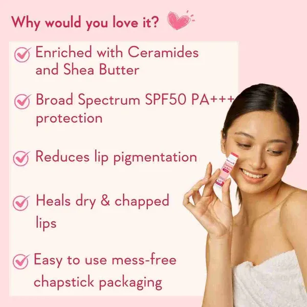 Smiling woman holding a pink lip balm, next to a list of lip care product benefits on a pink background.