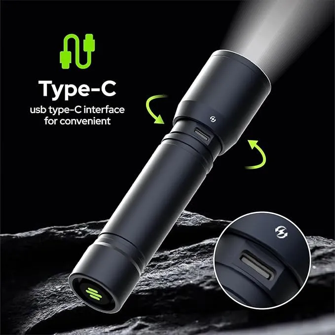Black flashlight with a Type-C charging port shown in a close-up circle inset.