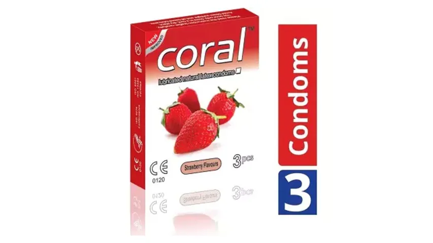 Coral Natural Strawberry Flavours Lubricated Condoms 3's Pack