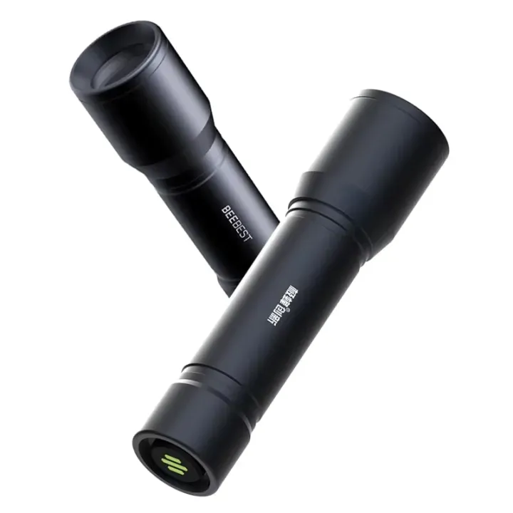 Two black LED flashlights with cylindrical bodies on a white background.