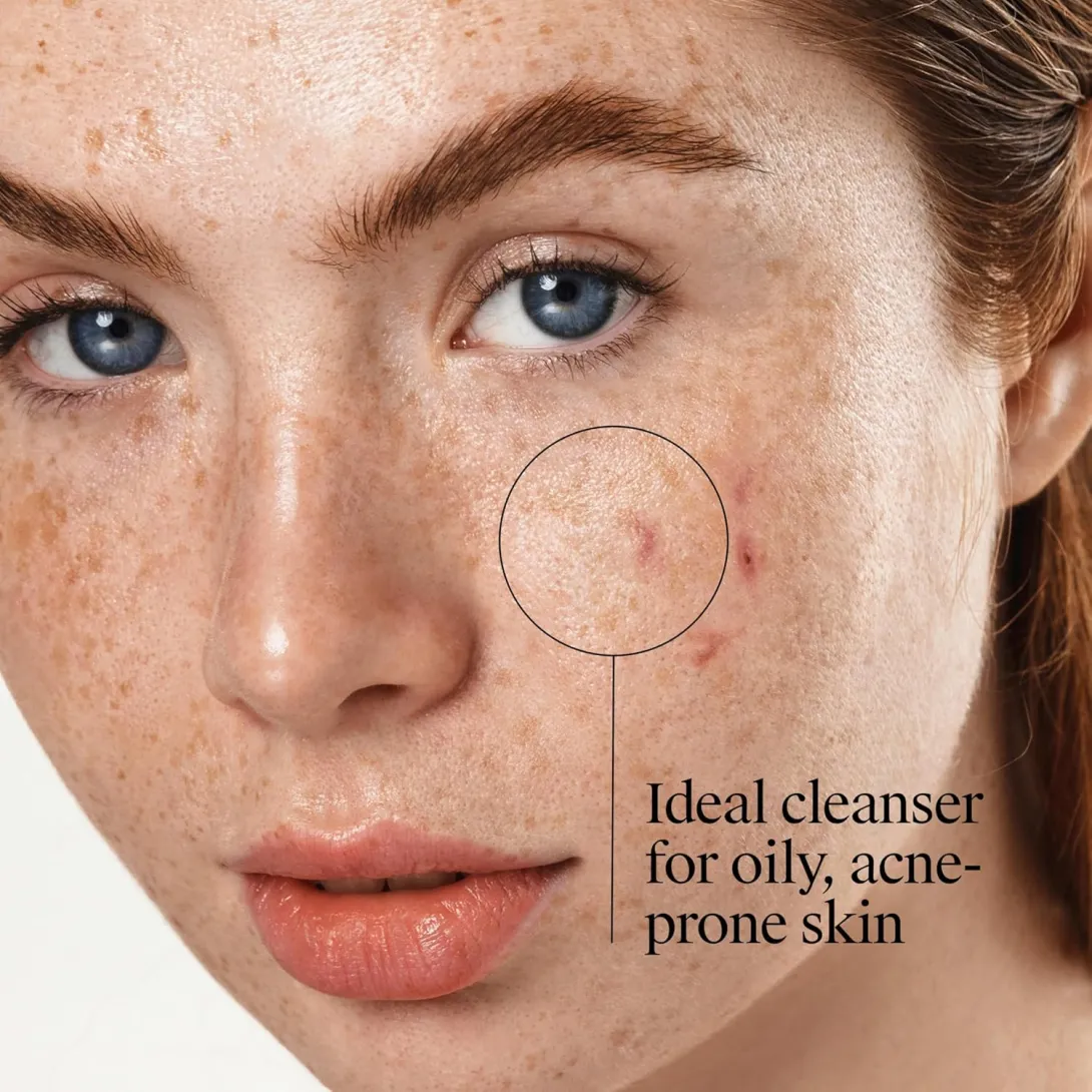 Young woman with freckles and visible acne on her cheek, looking at the camera.