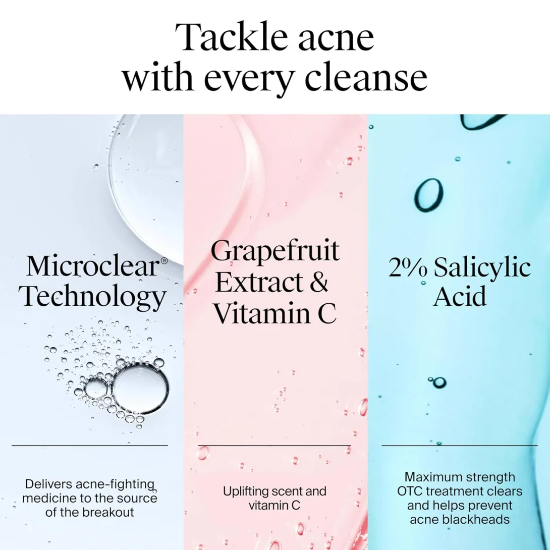 Three panels showing benefits of a facial cleanser with bubbles and colored backgrounds.