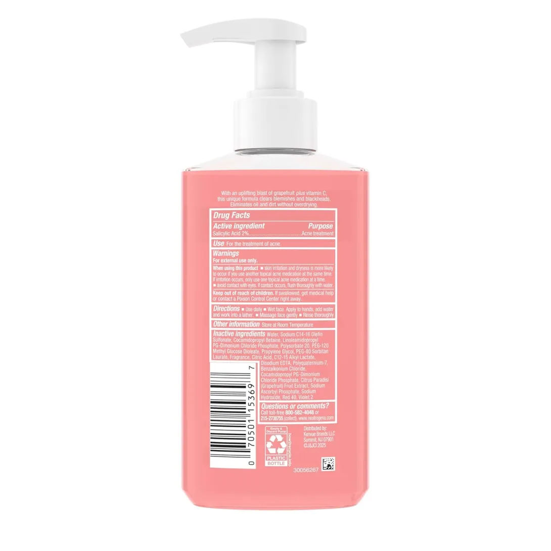 Pink soap or lotion bottle with a white pump, shown from the back with label and barcode.