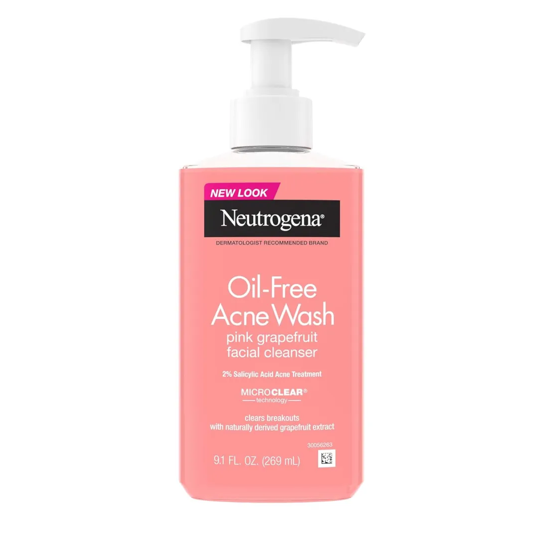 Neutrogena Oil-Free Acne Wash pink grapefruit facial cleanser bottle with pump.