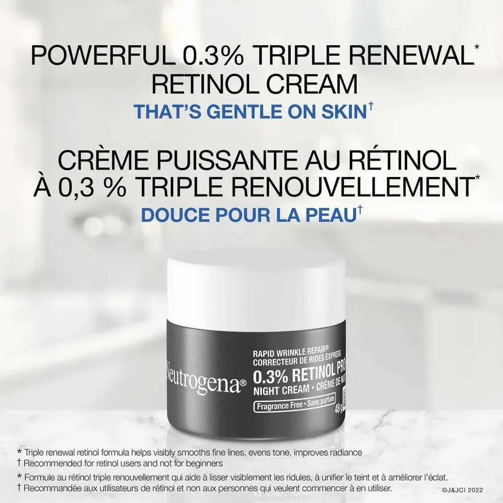Neutrogena .3% triple renewal retinol cream jar on a bathroom counter.