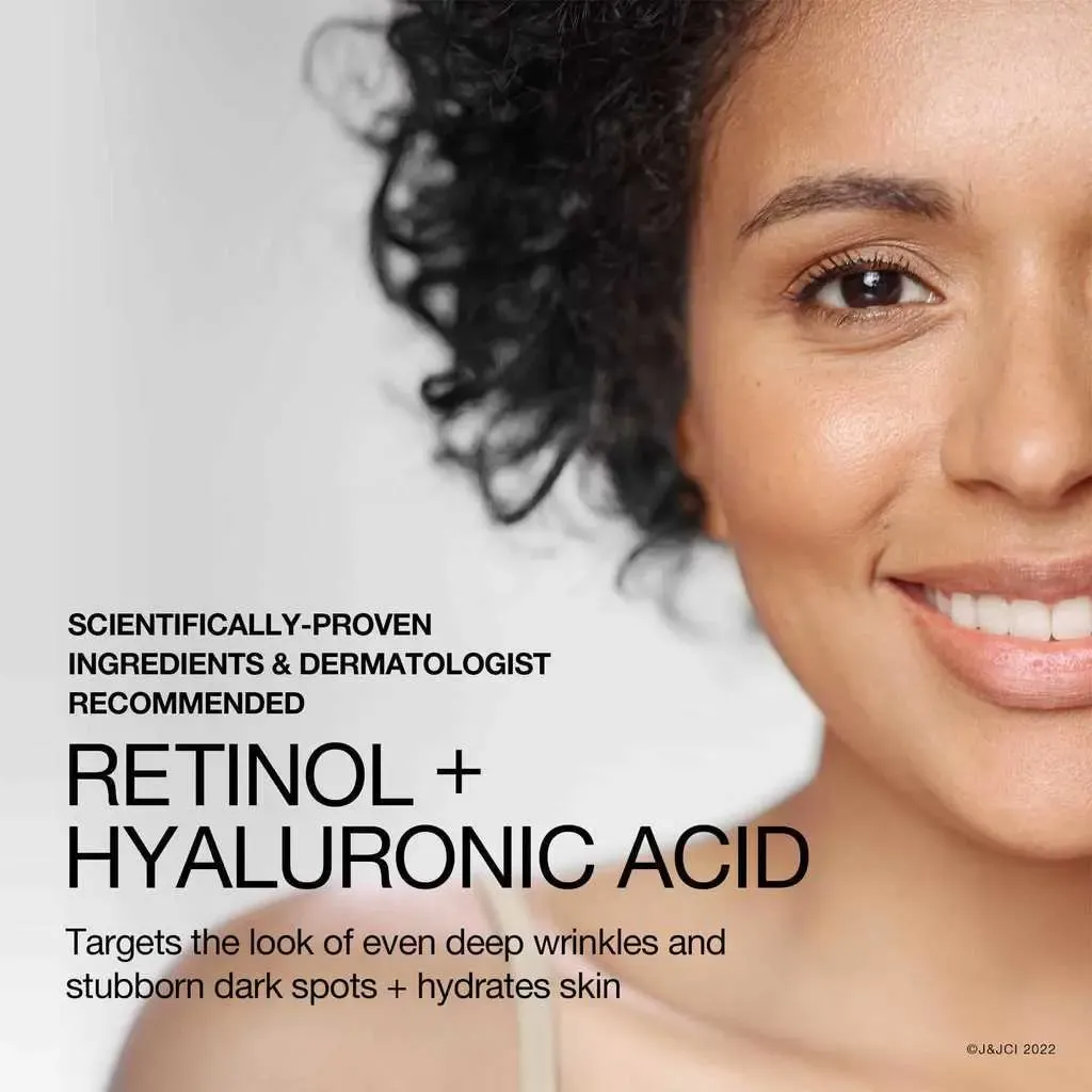 Smiling woman with smooth skin, product text highlights retinol and hyaluronic acid benefits.