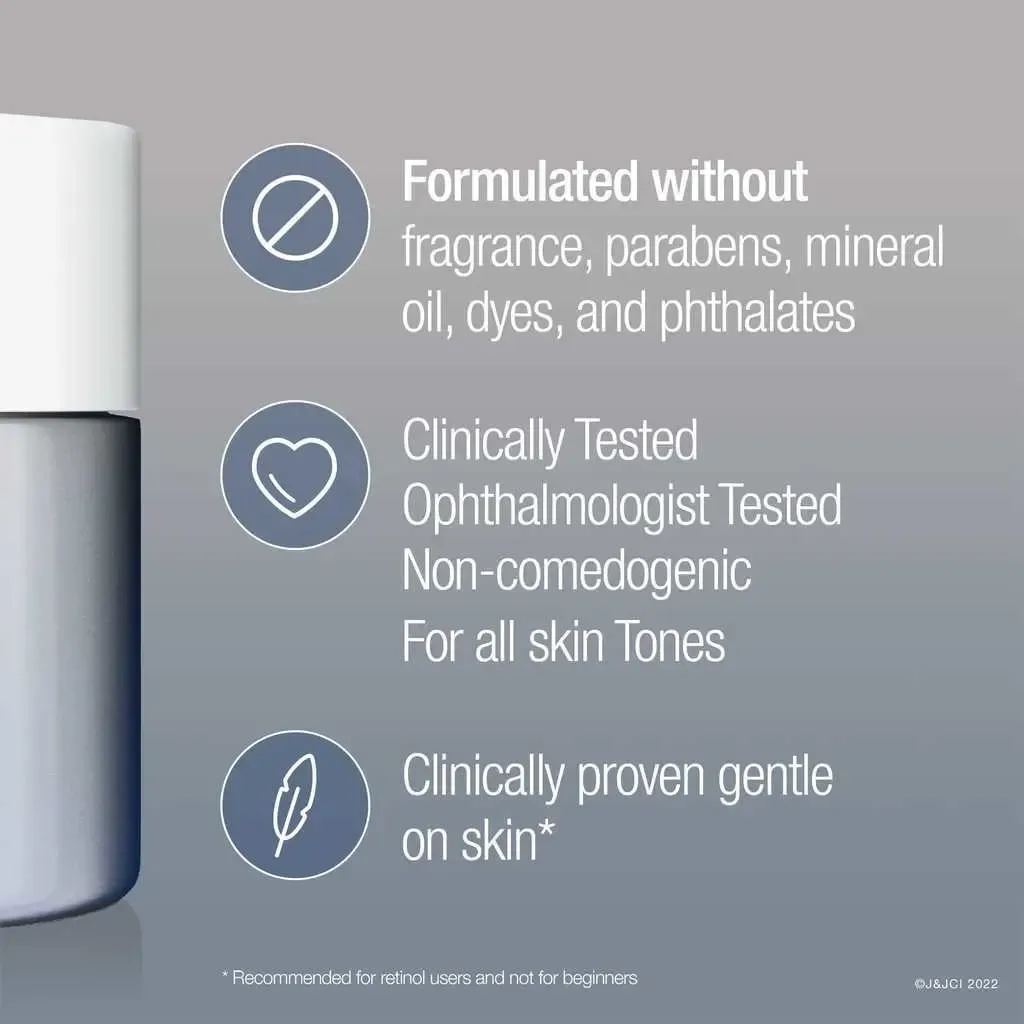 White cosmetic bottle with product claims listed beside it on a gray background.