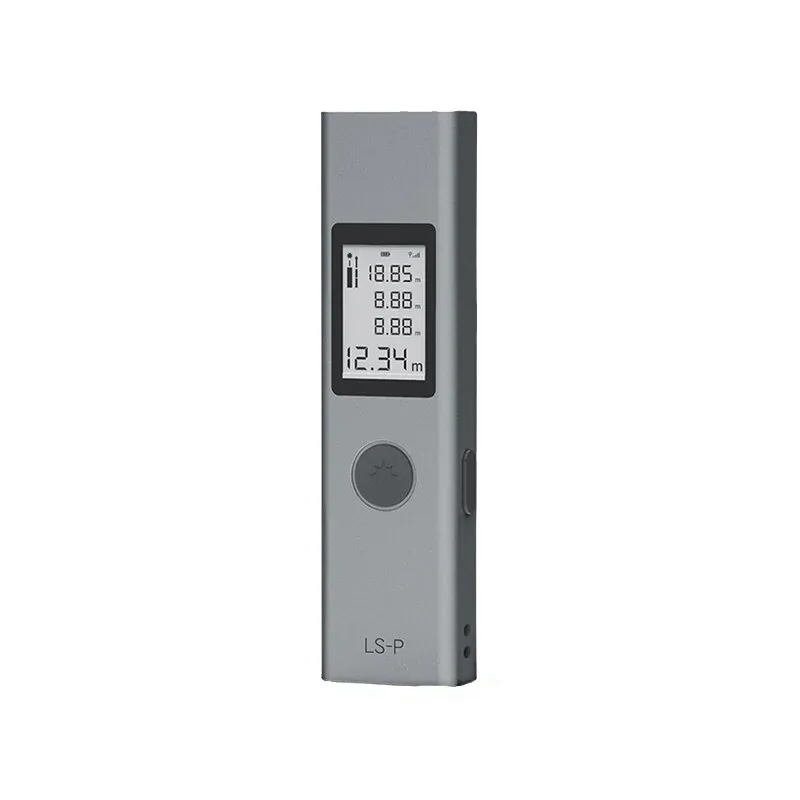 Gray digital laser distance measurer with display and single round button.