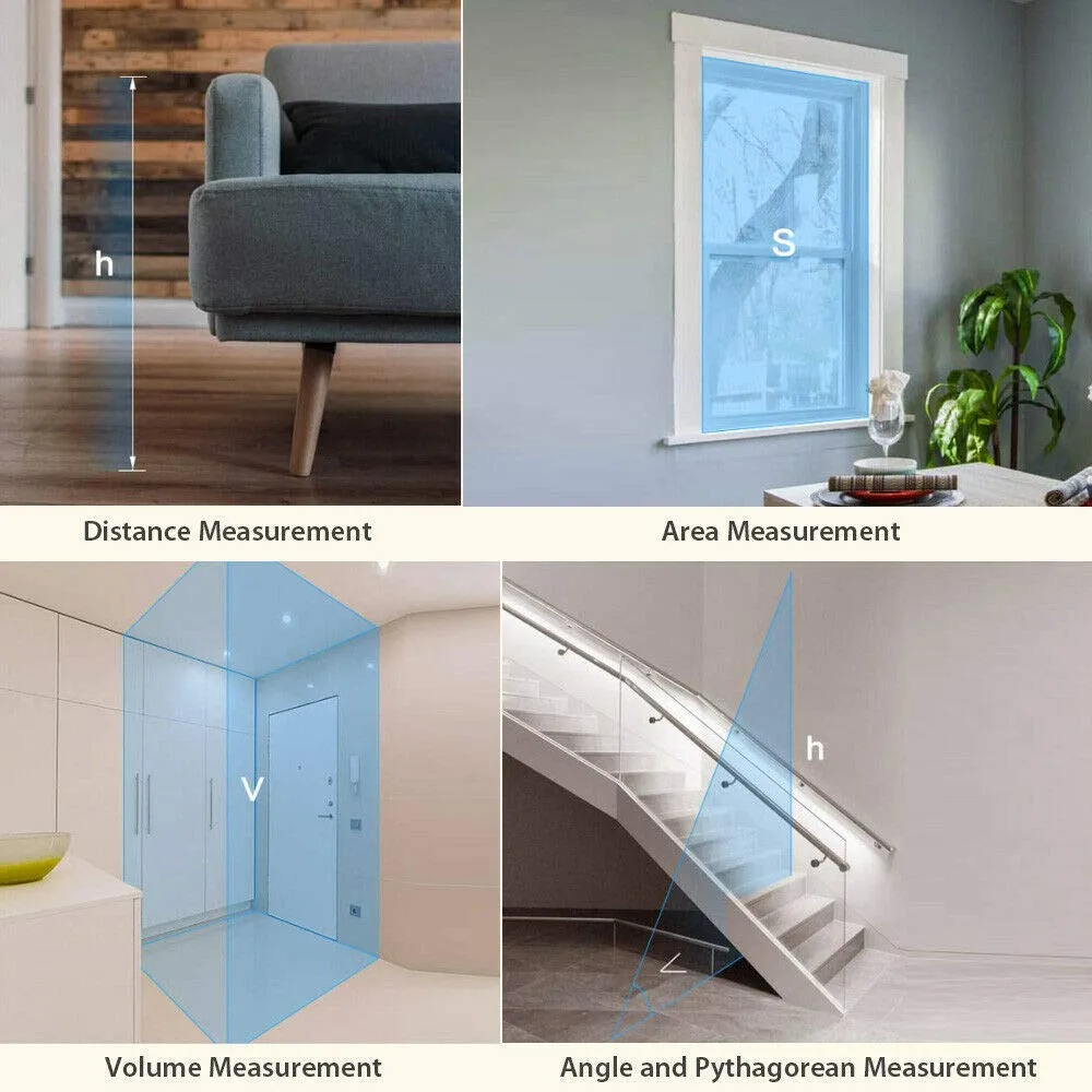 Four diagrams showing distance, area, volume, and angle measurements in a home setting.