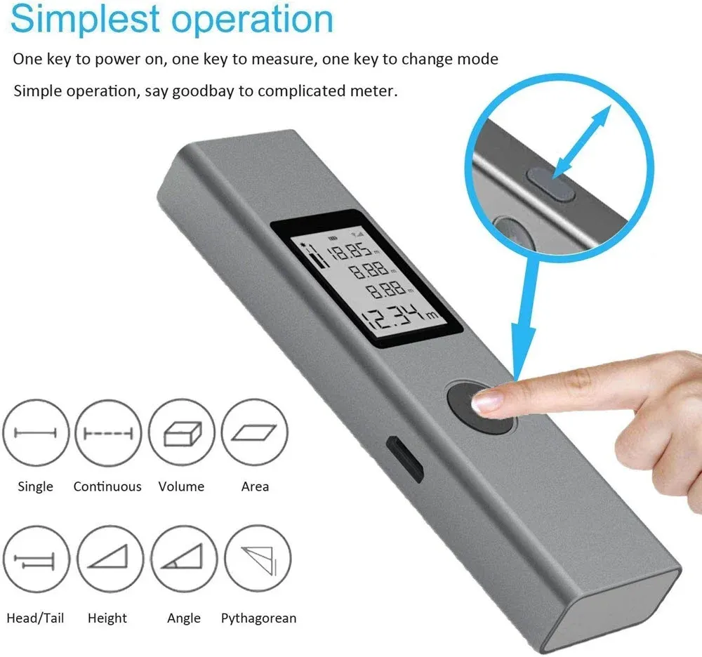 Hand pressing a button on a digital measuring device with screen and simple operation icons.